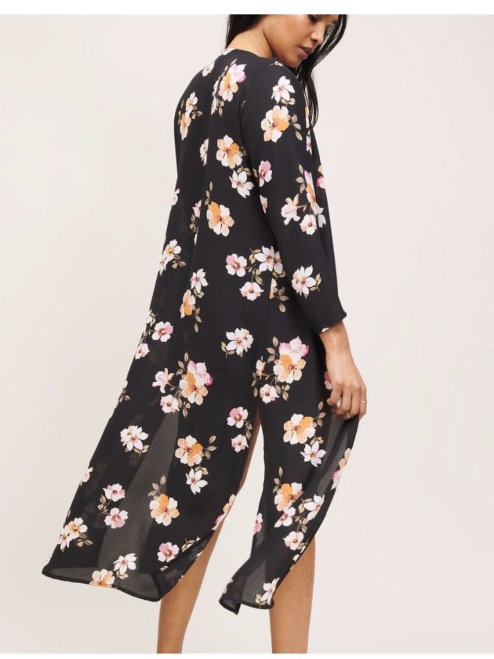 Dynamite Black Floral Longline Kimono with Pink & Cream Blossoms